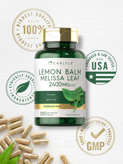 Carlyle Lemon Balm Capsules | 200 Count | Non-GMO and Gluten Free Formula | Melissa Leaf Traditional Herbal Supplement | Super Concentrated Extract
