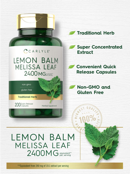 Carlyle Lemon Balm Capsules | 200 Count | Non-GMO and Gluten Free Formula | Melissa Leaf Traditional Herbal Supplement | Super Concentrated Extract