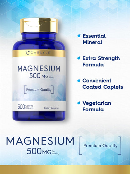 Carlyle Magnesium 500mg | 300 Coated Caplets | Vegetarian, Non-GMO, Gluten Free