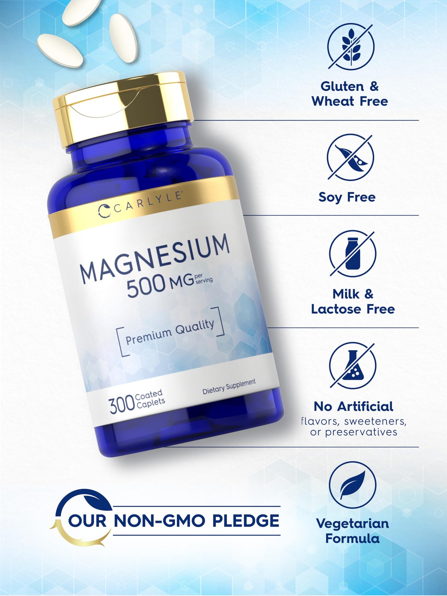 Carlyle Magnesium 500mg | 300 Coated Caplets | Vegetarian, Non-GMO, Gluten Free