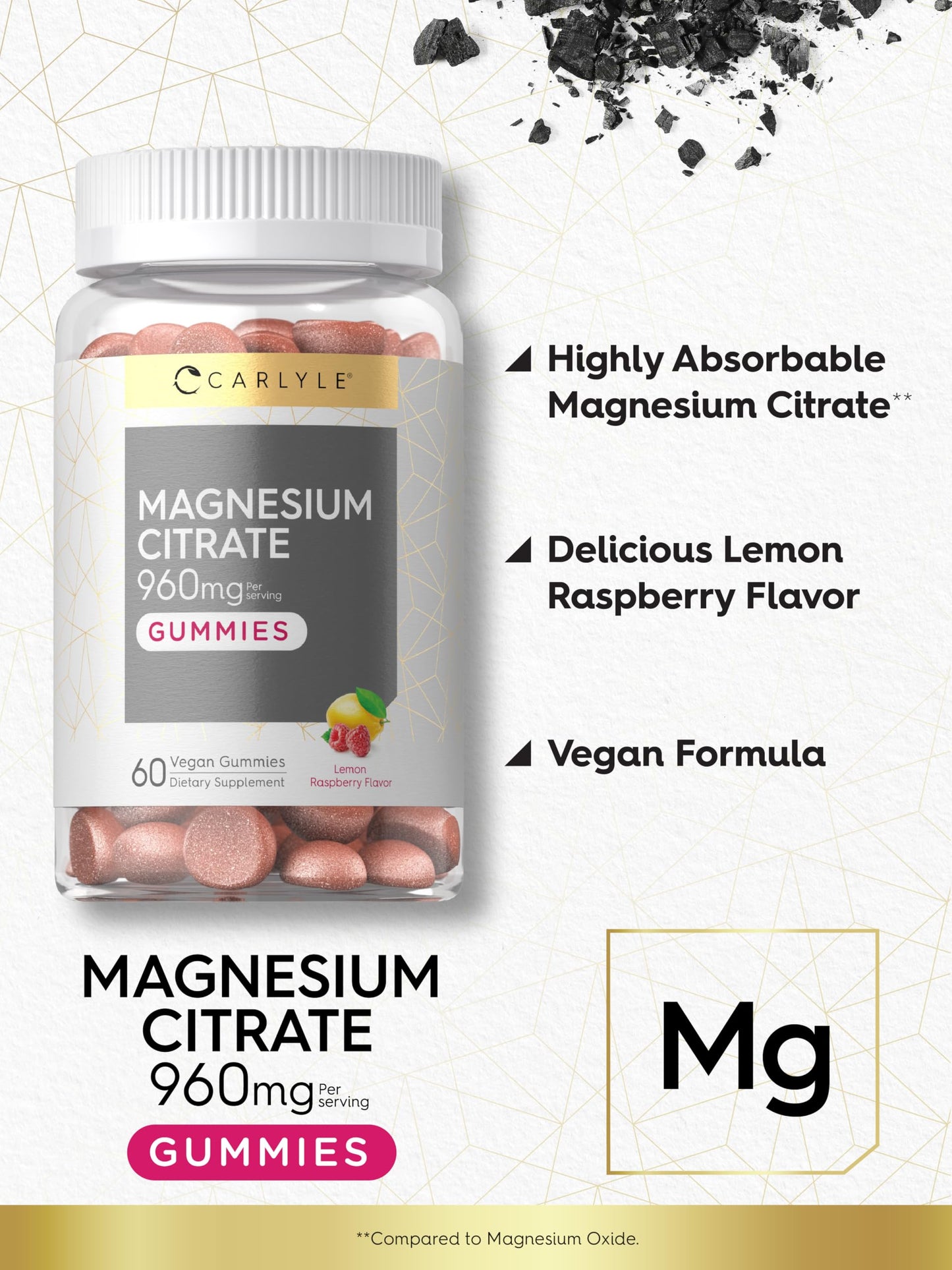 Carlyle Magnesium Citrate Gummies 960mg | Lemon Raspberry, 60 Count | Vegan, Non-GMO, Gluten Free