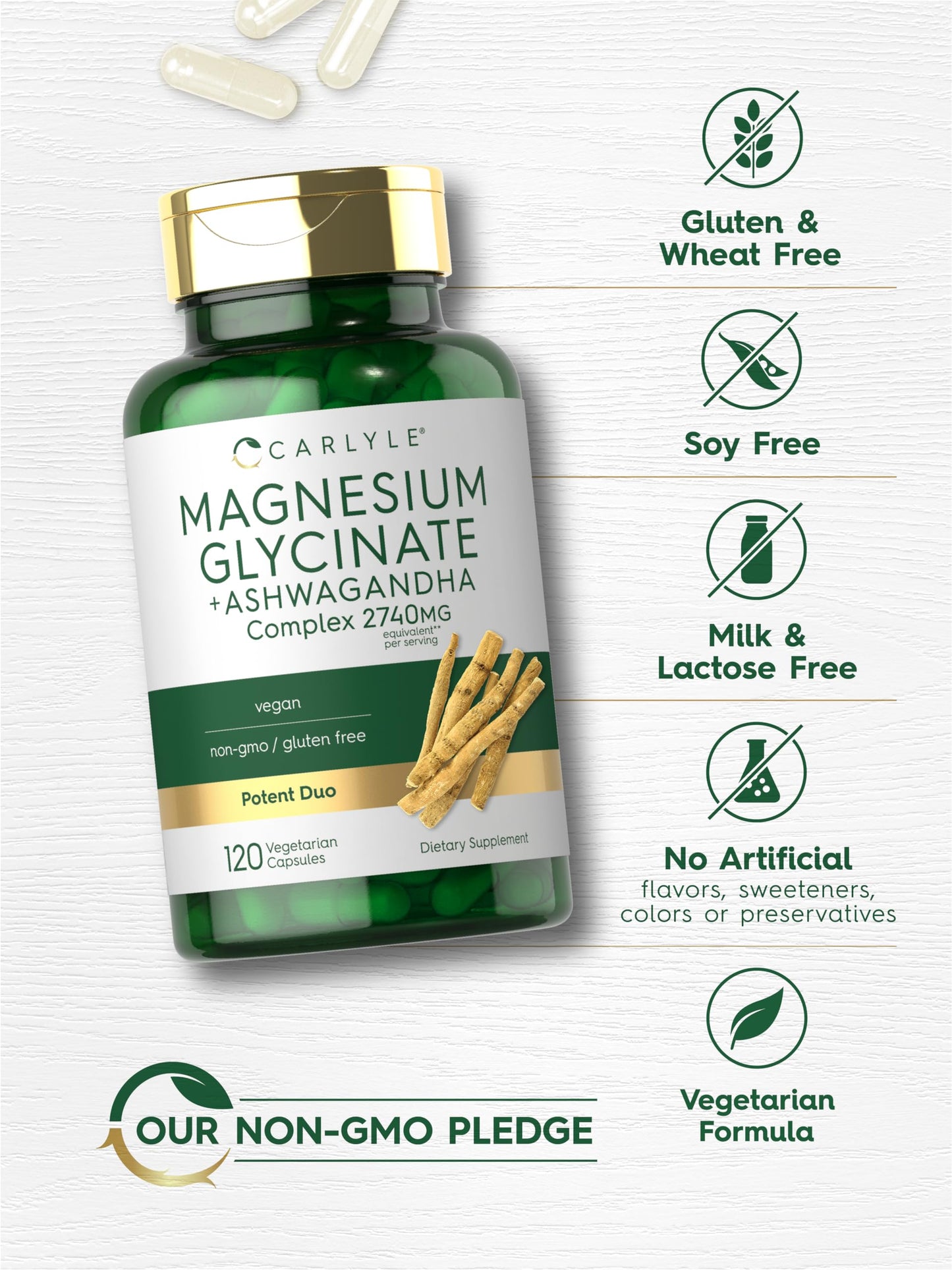 Carlyle Magnesium Glycinate with Ashwagandha | 2,740mg Complex | 120 Veg Capsules | Non-GMO & Gluten Free
