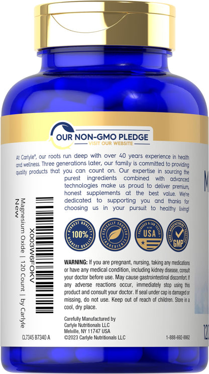 Carlyle Magnesium Oxide 500mg - 120 Capsules | Non-GMO & Gluten Free