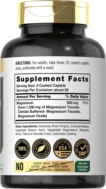 Carlyle Magnesium Taurate 1500mg | 250 Caplets | Chelated and Buffered | Vegetarian, Non-GMO, Gluten Free Supplement