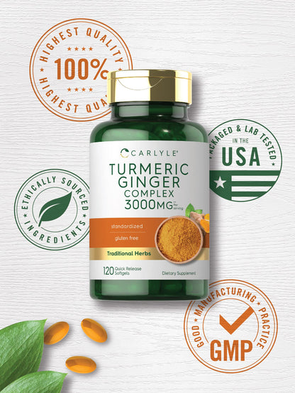 Carlyle Turmeric & Ginger Supplement 3000 mg - 120 Softgels | Turmeric Curcumin Complex + Black Pepper (Non-GMO, Gluten Free)