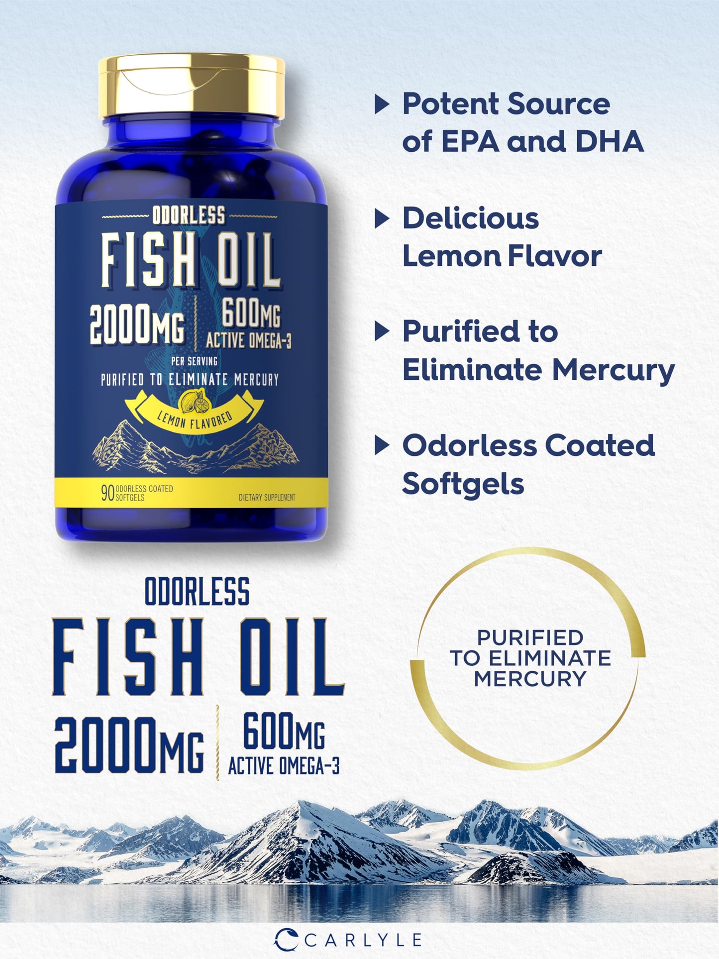 Carlyle Fish Oil 2000mg | Odorless Lemon Softgels | 90 Count | Gluten Free & Non-GMO