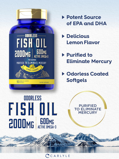 Carlyle Fish Oil 2000mg | Odorless Lemon Softgels | 90 Count | Gluten Free & Non-GMO