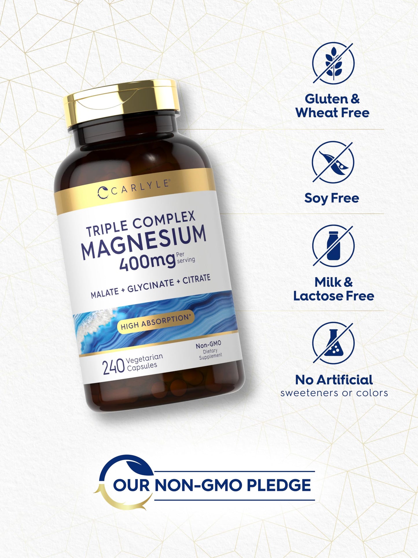 Carlyle Triple Magnesium Complex – 400 mg, 240 Capsules | Mg Malate, Glycinate & Citrate | Vegetarian, Non-GMO, Gluten Free