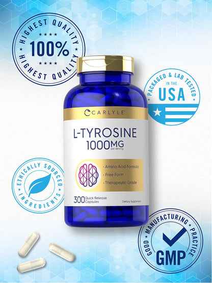 Carlyle Tyrosine Capsules 1000mg – 300 Ct | Therapeutic Grade | Gluten Free, Non-GMO