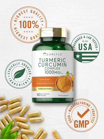 Carlyle Turmeric Curcumin with Black Pepper 1000mg - 180 Capsules | Non-GMO, Gluten Free (Pack of 2)