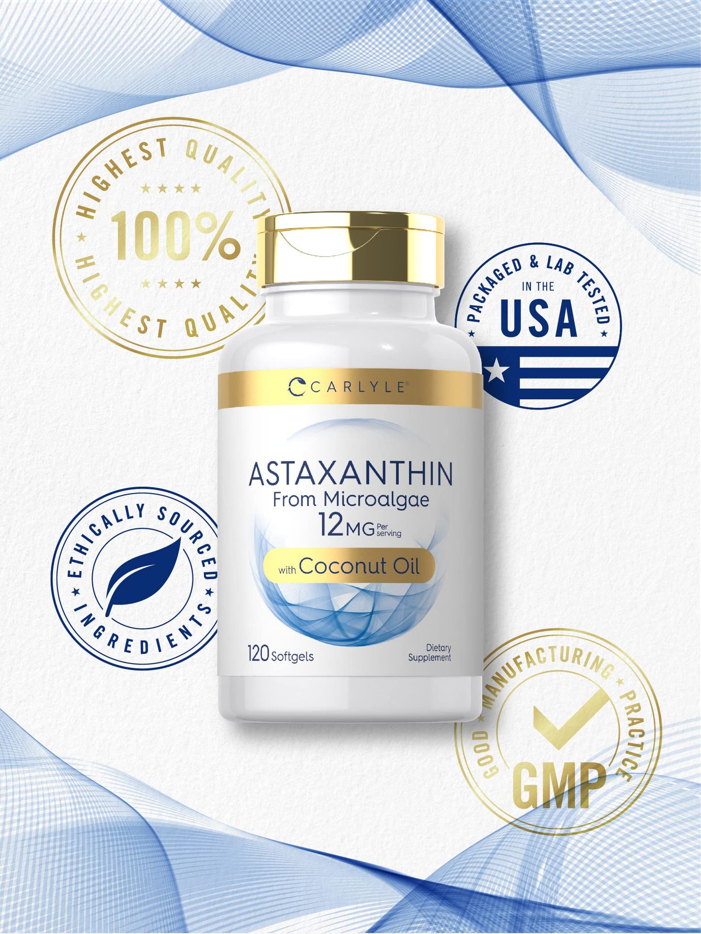 Carlyle Astaxanthin 12mg - 120 Softgels | Microalgae, Coconut Oil | Non-GMO & Gluten Free