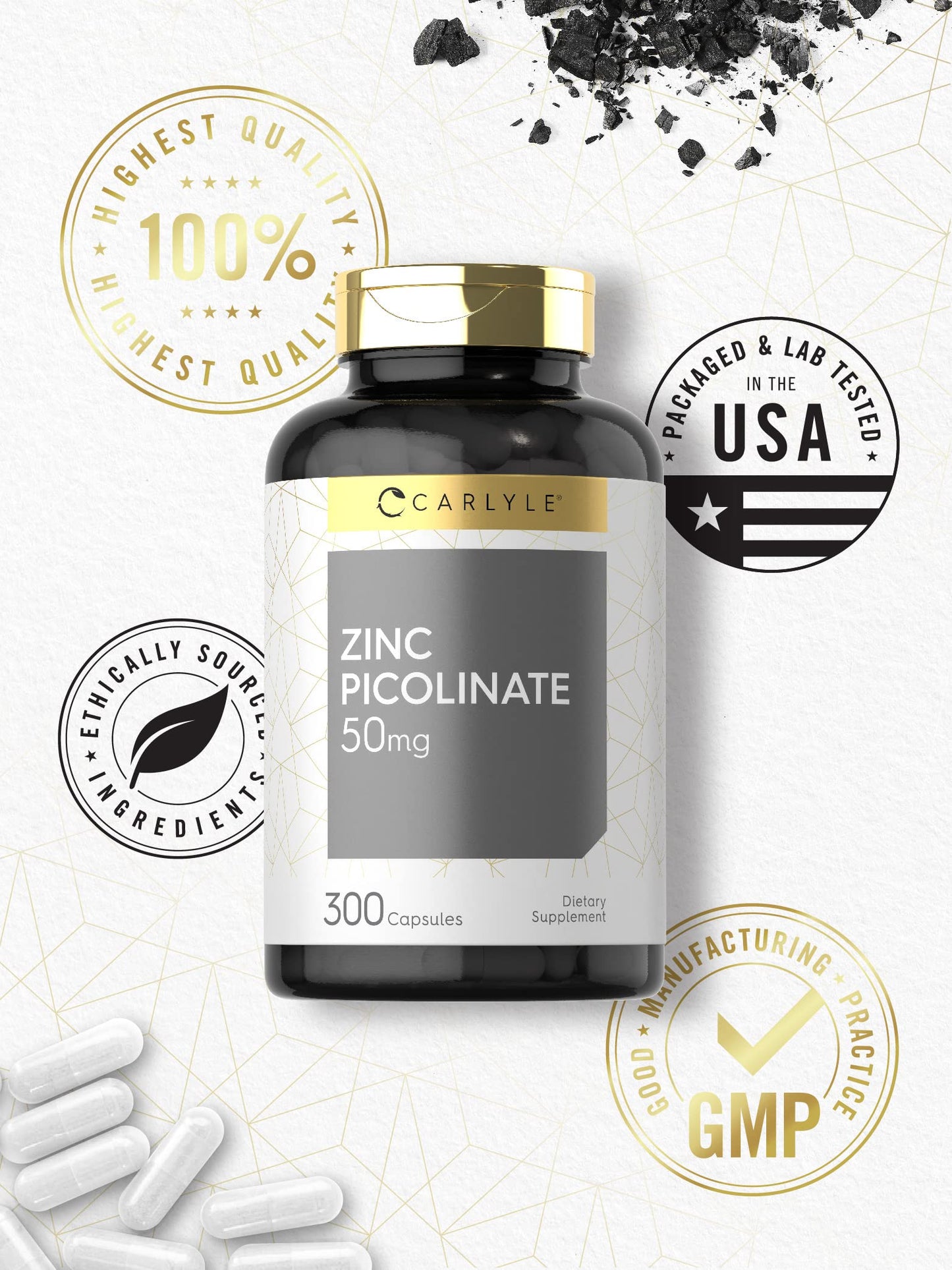 Carlyle Zinc Picolinate 50mg | 300 Capsules | Non-GMO and Gluten Free Supplement