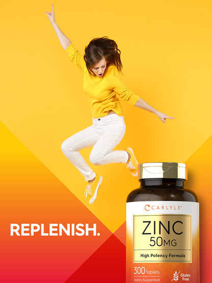 Carlyle Zinc 50mg – 300 Tablets | Vegetarian, Non-GMO, Gluten Free | Zinc Gluconate | High Potency