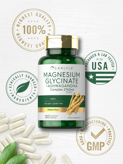 Carlyle Magnesium Glycinate with Ashwagandha | 2,740mg Complex | 120 Veg Capsules | Non-GMO & Gluten Free