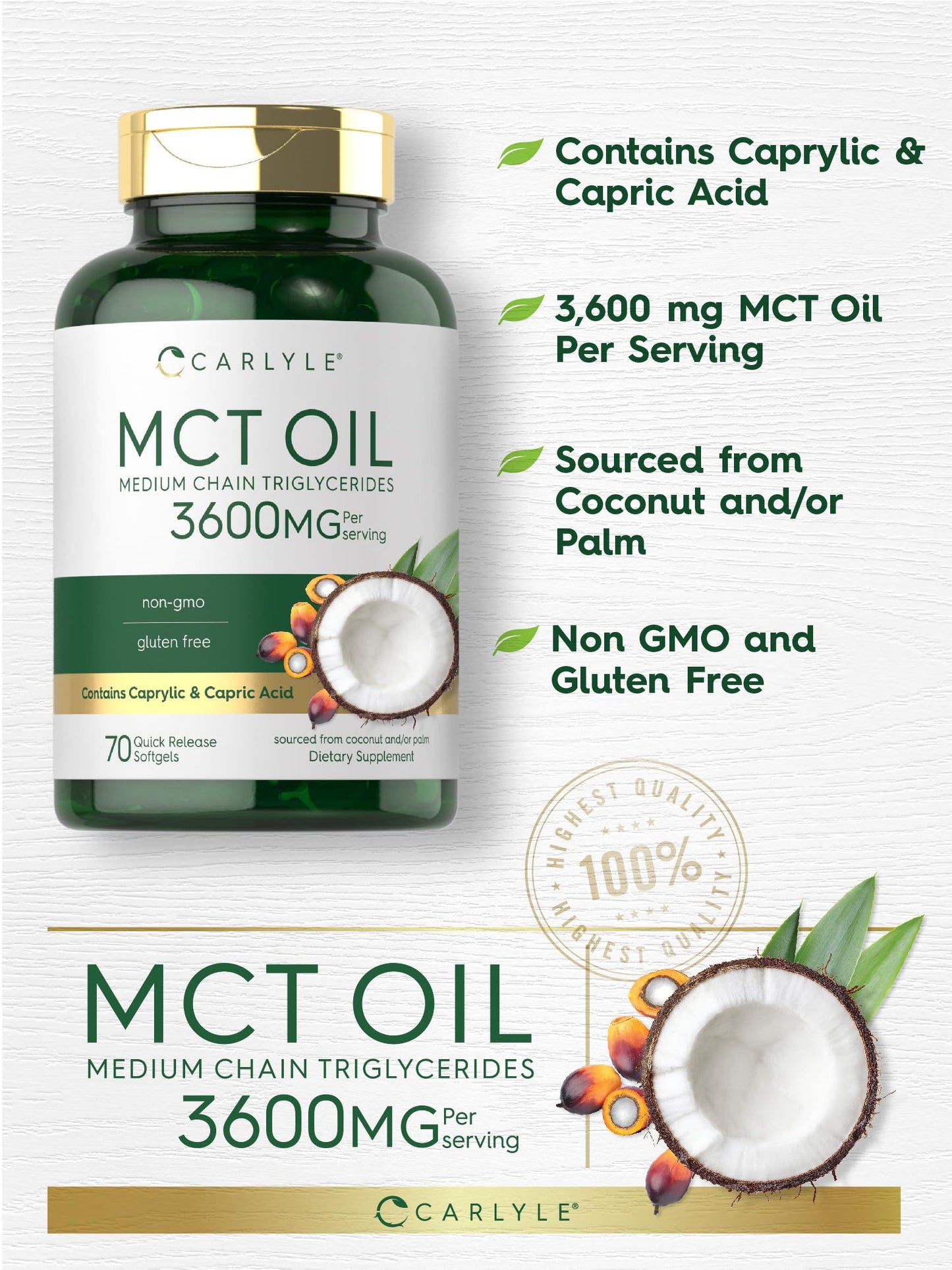 Carlyle MCT Oil Capsules 3600mg | 70 Softgels | Keto Coconut Oil | Non-GMO, Gluten Free
