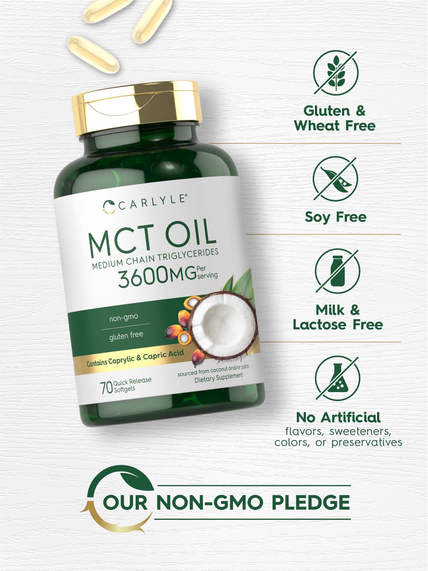 Carlyle MCT Oil Capsules 3600mg | 70 Softgels | Keto Coconut Oil | Non-GMO, Gluten Free