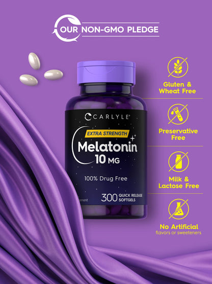 Carlyle Melatonin 10mg Softgels – 300 Count, Extra Strength for Adults | Non-GMO & Gluten Free