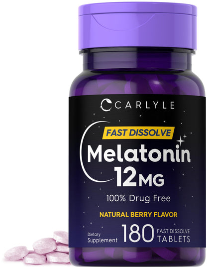Carlyle Melatonin 12 mg Fast Dissolve – 180 Tablets | Berry Flavor, Gluten Free