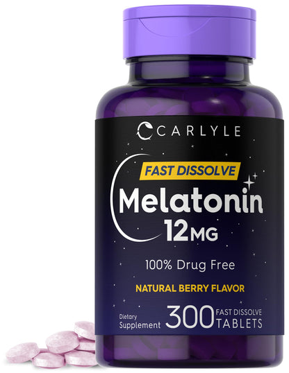 Carlyle Melatonin 12 mg Fast Dissolve – 300 Tablets | Berry Flavor | Drug Free, Vegetarian, Non-GMO, Gluten Free