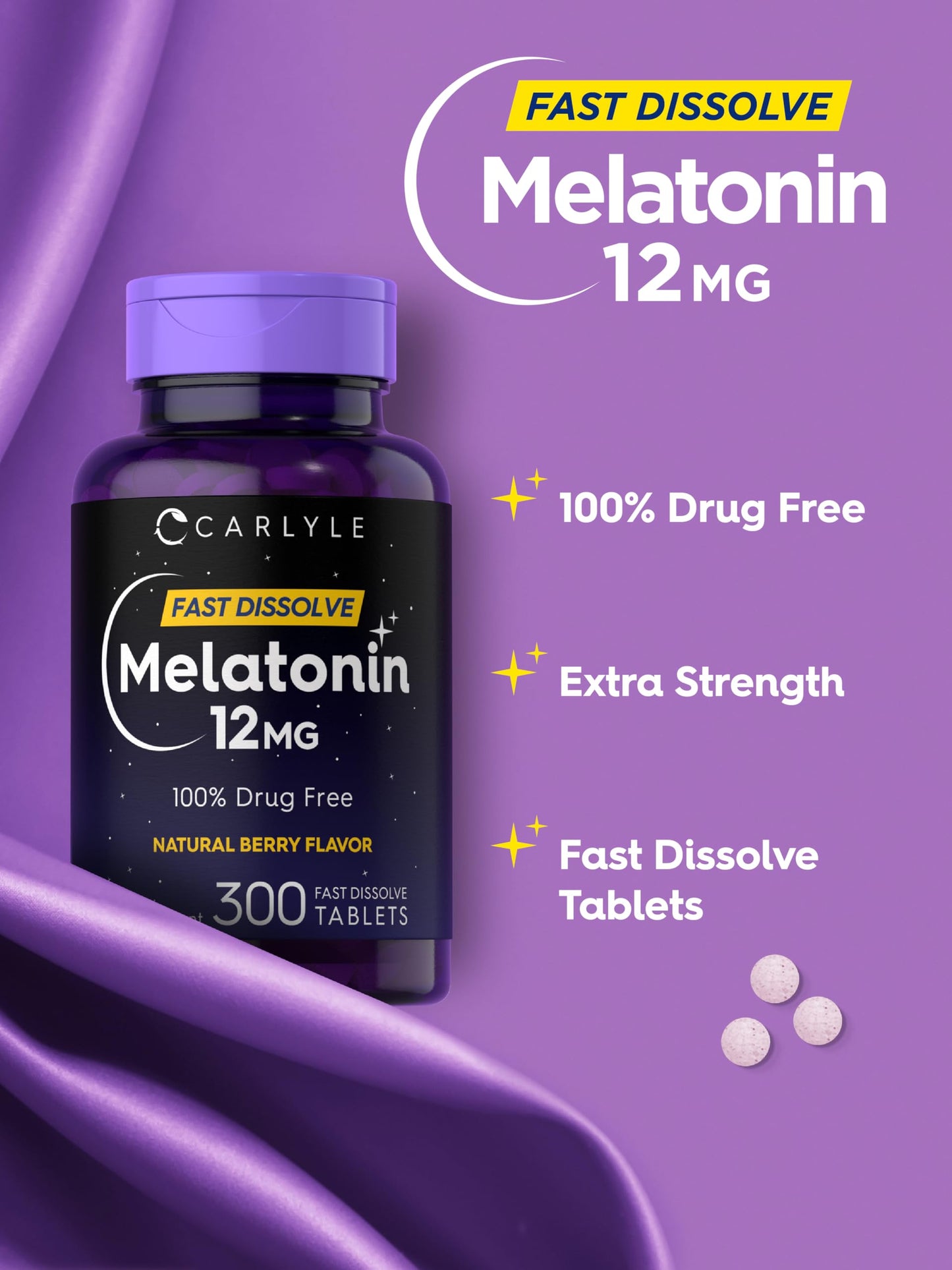 Carlyle Melatonin 12 mg Fast Dissolve – 300 Tablets | Berry Flavor | Drug Free, Vegetarian, Non-GMO, Gluten Free