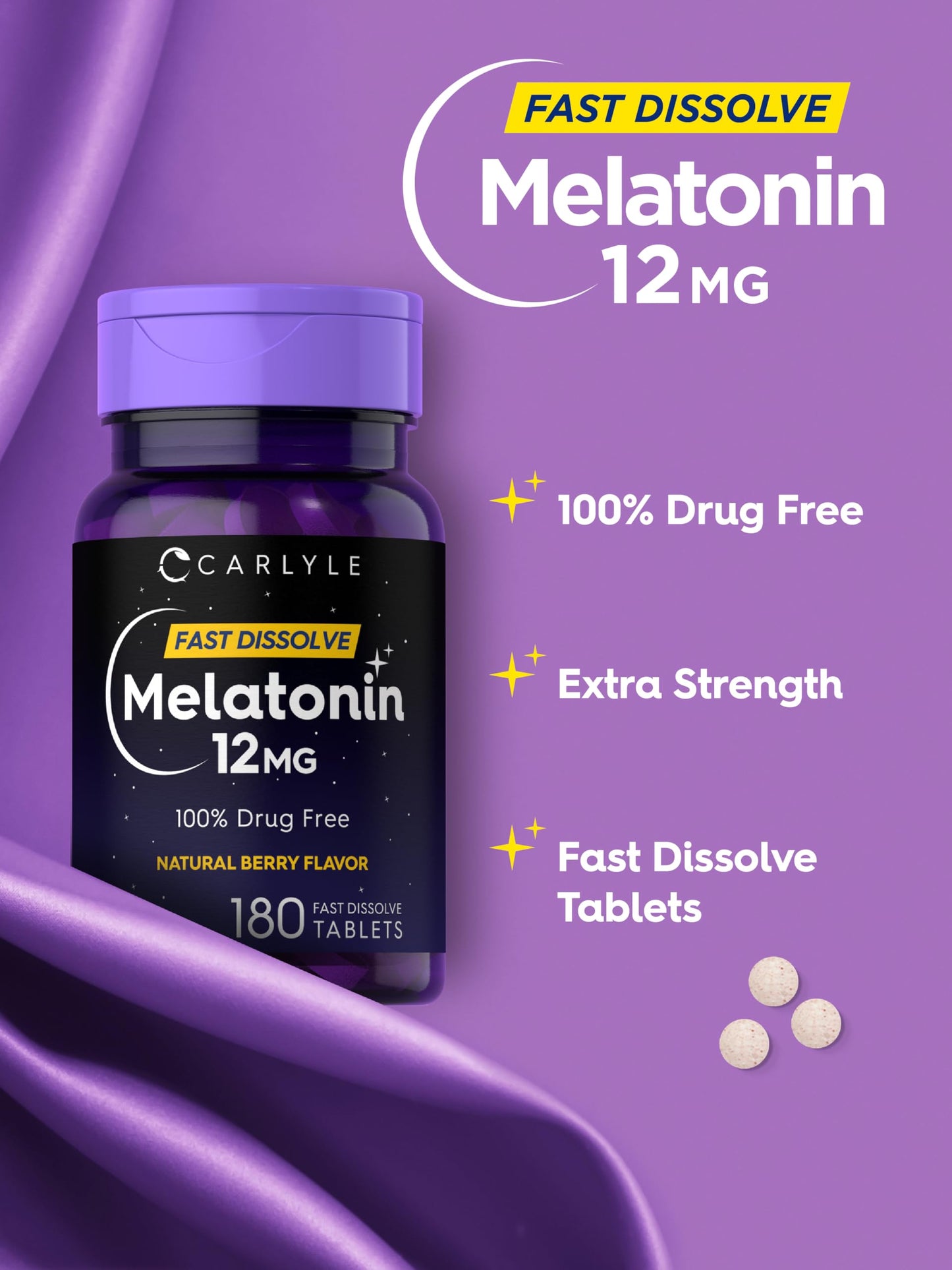 Carlyle Melatonin 12 mg Fast Dissolve – 180 Tablets | Berry Flavor, Gluten Free