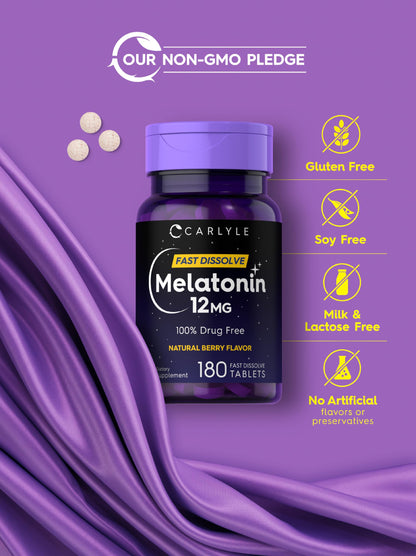 Carlyle Melatonin 12 mg Fast Dissolve – 180 Tablets | Berry Flavor, Gluten Free