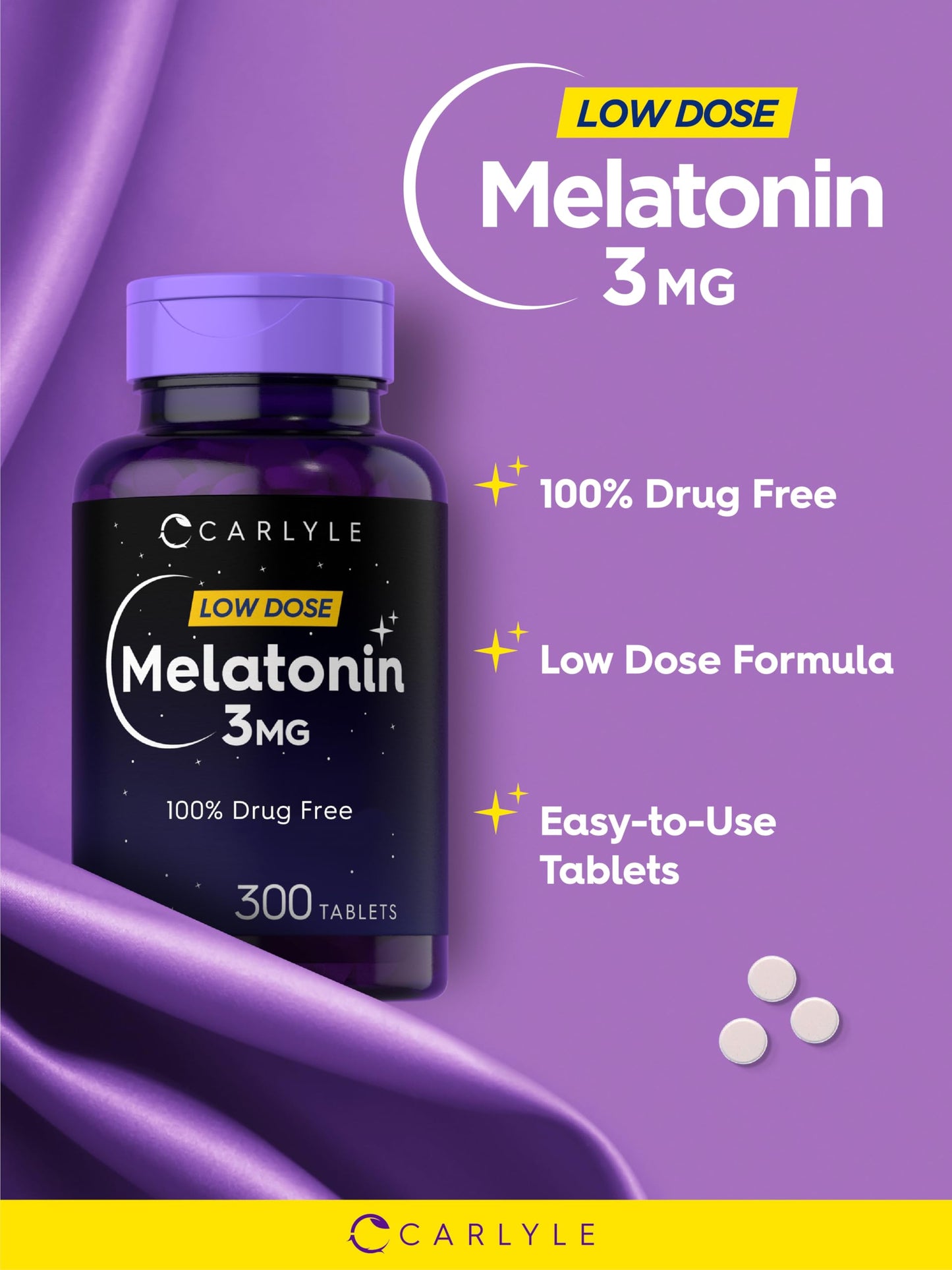 Carlyle Melatonin 3mg – 300 Tablets | Drug-Free, Gluten-Free, Vegetarian