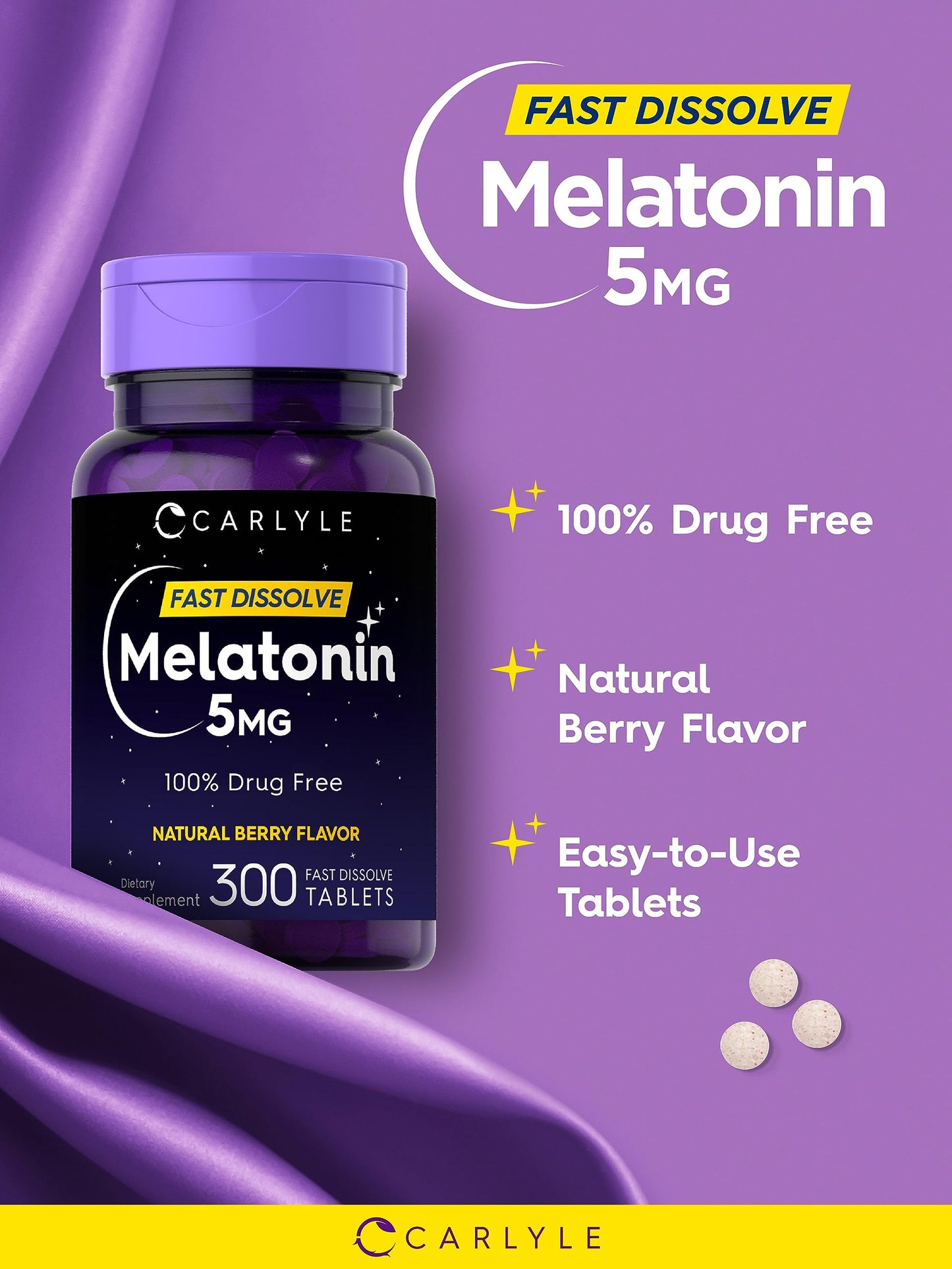 Carlyle Melatonin 5 mg Fast Dissolve, Berry – 300 Tablets | Vegetarian