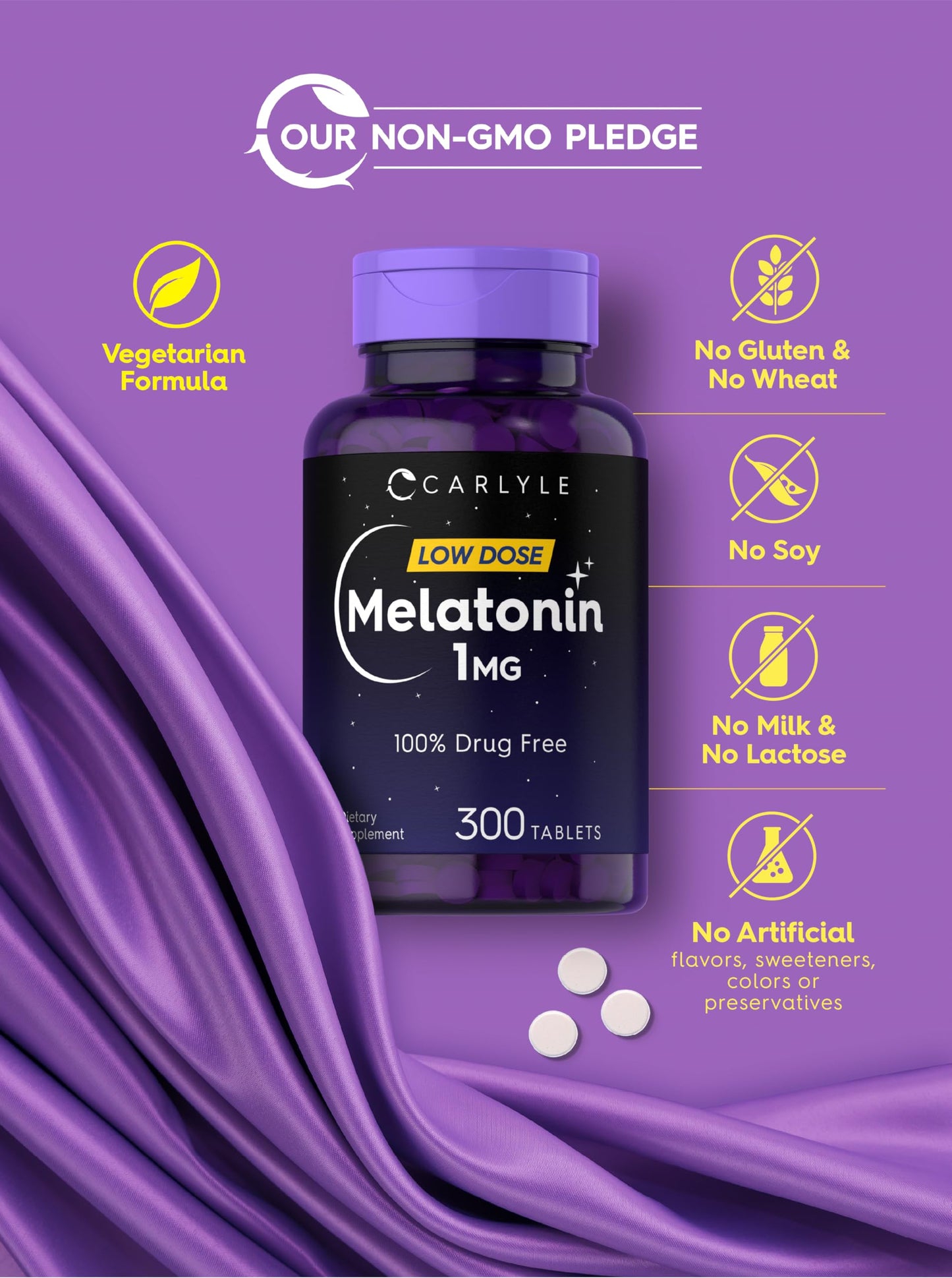 Carlyle Melatonin 1 mg - 300 Low-Dose Tablets - Vegetarian, Non-GMO, Gluten Free