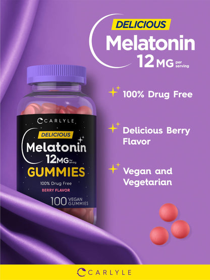 Carlyle Melatonin Gummies 12mg - Berry Flavor, 100 Count | Vegan, Non-GMO, Gluten Free