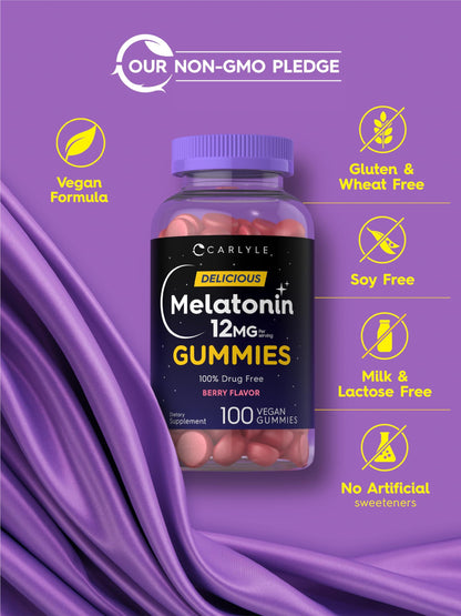 Carlyle Melatonin Gummies 12mg - Berry Flavor, 100 Count | Vegan, Non-GMO, Gluten Free