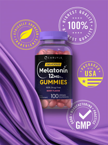 Carlyle Melatonin Gummies 12mg - Berry Flavor, 100 Count | Vegan, Non-GMO, Gluten Free