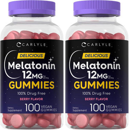 Carlyle Melatonin Gummies 12mg - 100 Count Berry (Pack of 2) | Vegan, Non-GMO, Gluten Free