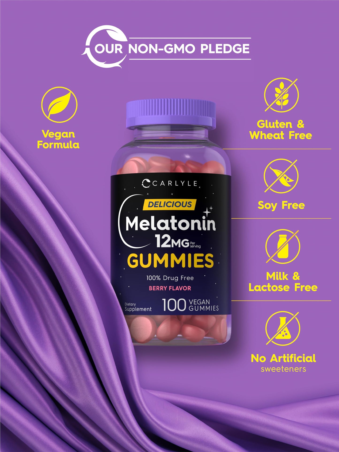 Carlyle Melatonin Gummies 12mg - 100 Count Berry (Pack of 2) | Vegan, Non-GMO, Gluten Free
