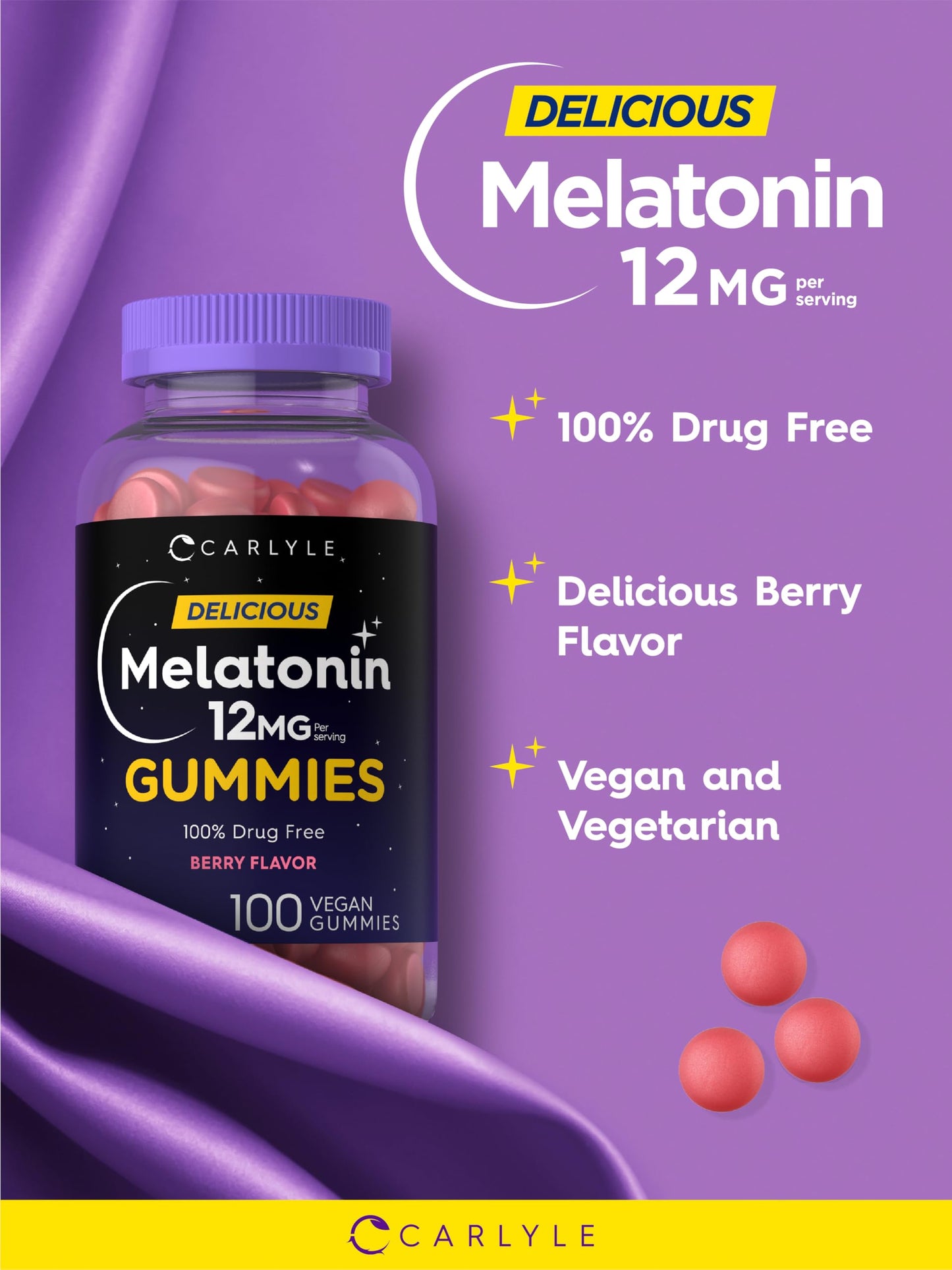Carlyle Melatonin Gummies 12mg - 100 Count Berry (Pack of 2) | Vegan, Non-GMO, Gluten Free