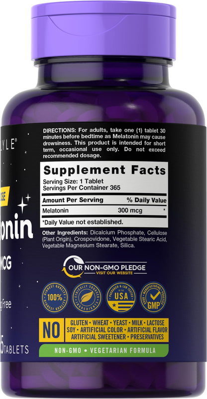 Carlyle Melatonin 300 mcg - 365 Tablets | Low Dose, Vegetarian, Gluten Free