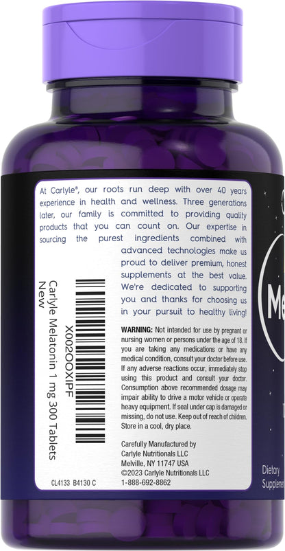 Carlyle Melatonin 1 mg - 300 Low-Dose Tablets - Vegetarian, Non-GMO, Gluten Free