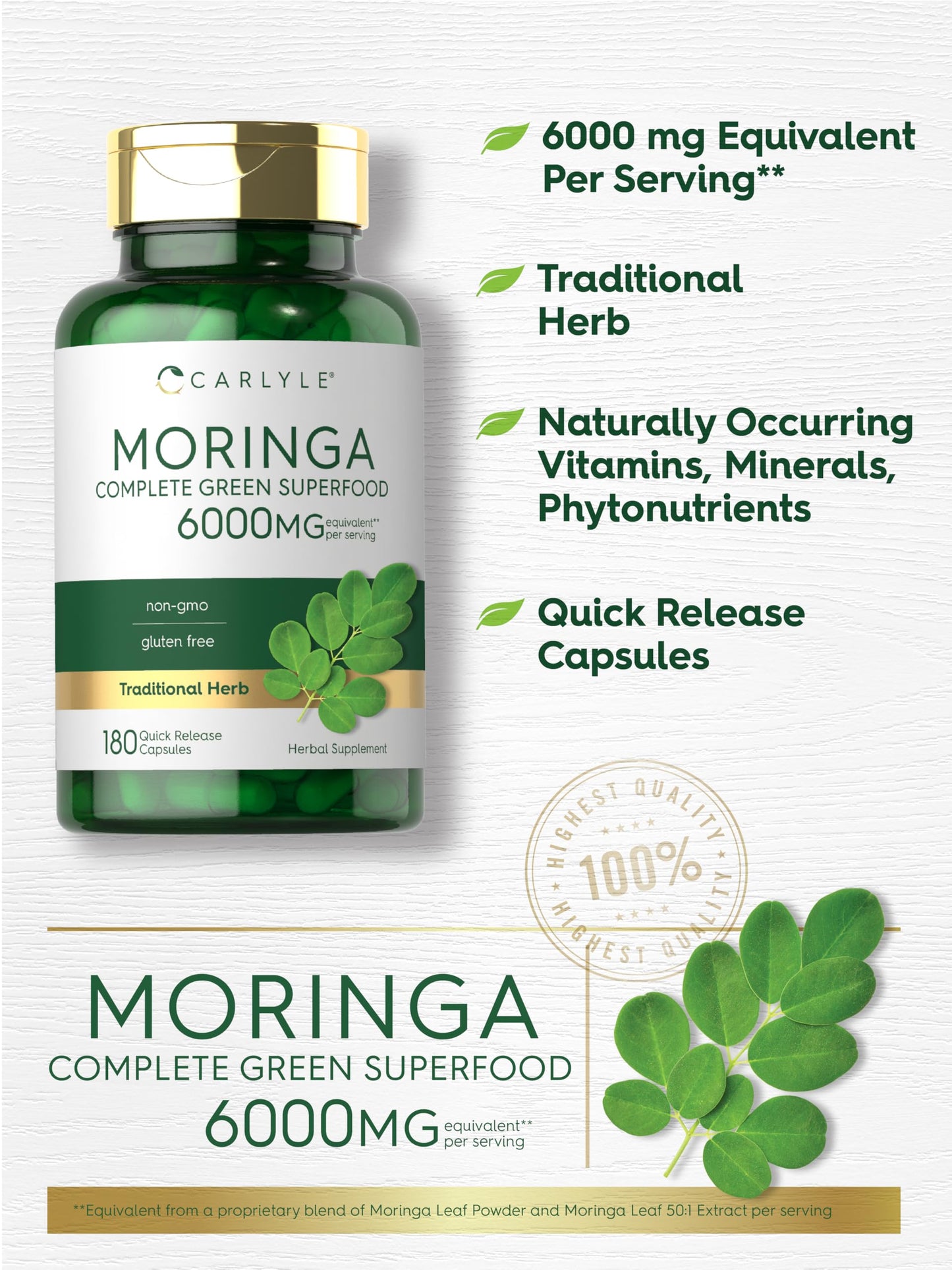 Carlyle Moringa Oleifera 180 Capsules – Non-GMO, Gluten Free Green Superfood (Pack of 2)