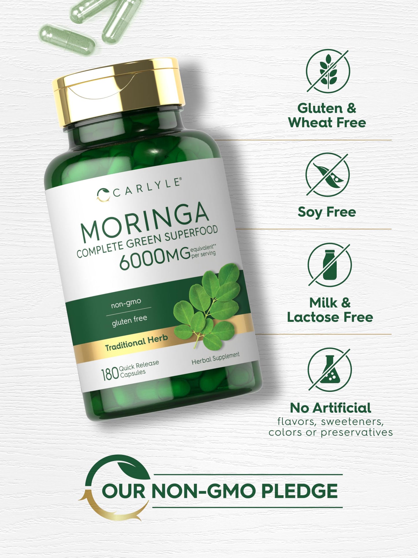 Carlyle Moringa Oleifera 180 Capsules – Non-GMO, Gluten Free Green Superfood (Pack of 2)