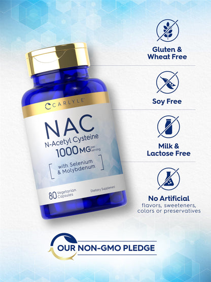 Carlyle NAC 1000mg N-Acetyl Cysteine - 80 Capsules | Vegetarian, Non-GMO, Gluten Free