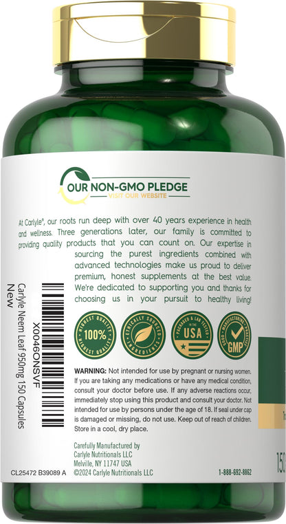 Carlyle Neem Leaf 950mg | 150 Capsules | Non-GMO & Gluten Free | Ayurvedic