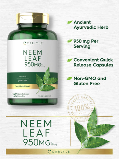 Carlyle Neem Leaf 950mg | 150 Capsules | Non-GMO & Gluten Free | Ayurvedic