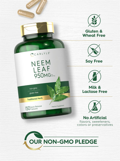 Carlyle Neem Leaf 950mg | 150 Capsules | Non-GMO & Gluten Free | Ayurvedic