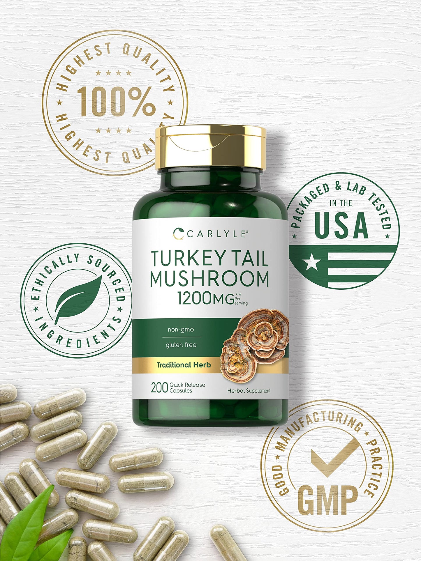 Carlyle Turkey Tail Mushroom Capsules - 1200mg, 200 Count | Non-GMO & Gluten Free