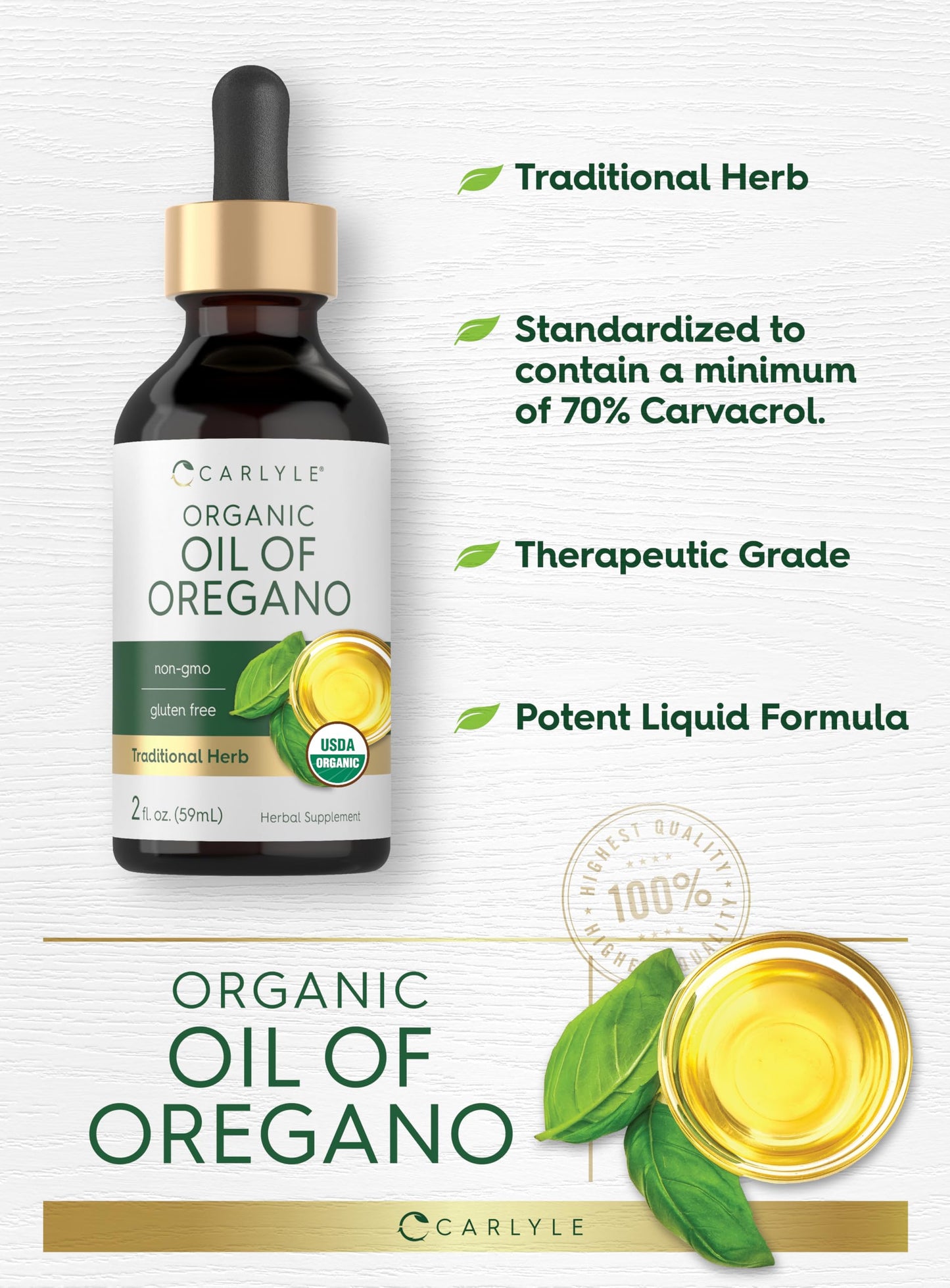 Carlyle Organic Oil of Oregano Liquid Drops - 2 fl oz | Vegan, Non-GMO, Gluten Free