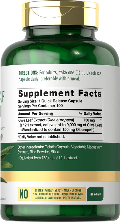 Carlyle Olive Leaf Extract Capsules – 9,000 mg, 100 Count, Non-GMO