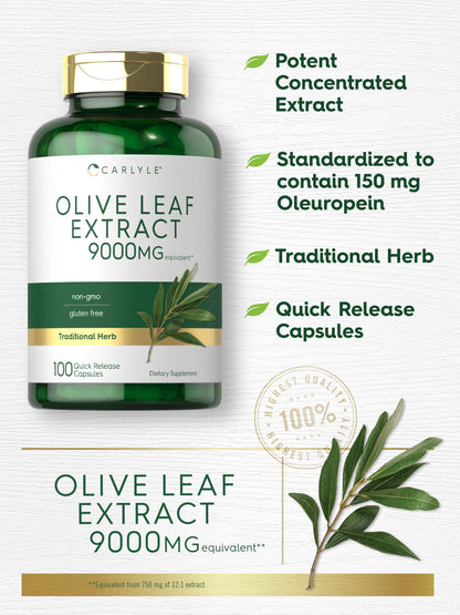 Carlyle Olive Leaf Extract Capsules – 9,000 mg, 100 Count, Non-GMO