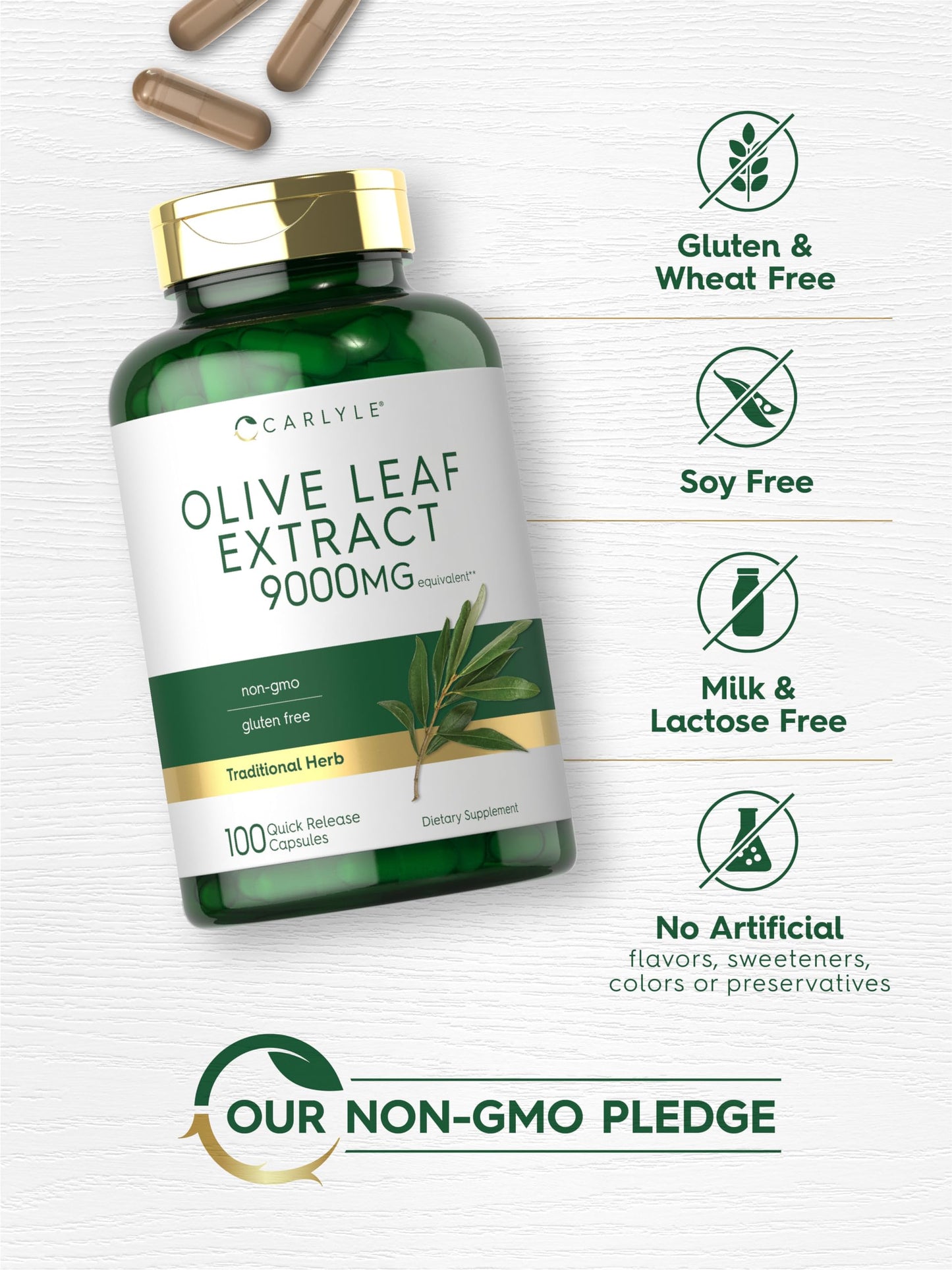 Carlyle Olive Leaf Extract Capsules – 9,000 mg, 100 Count, Non-GMO