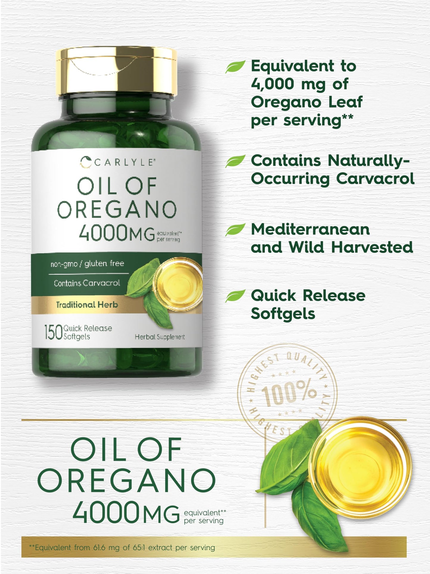 Carlyle Oregano Oil 4000mg - 150 Softgels, Carvacrol, Non-GMO Gluten Free