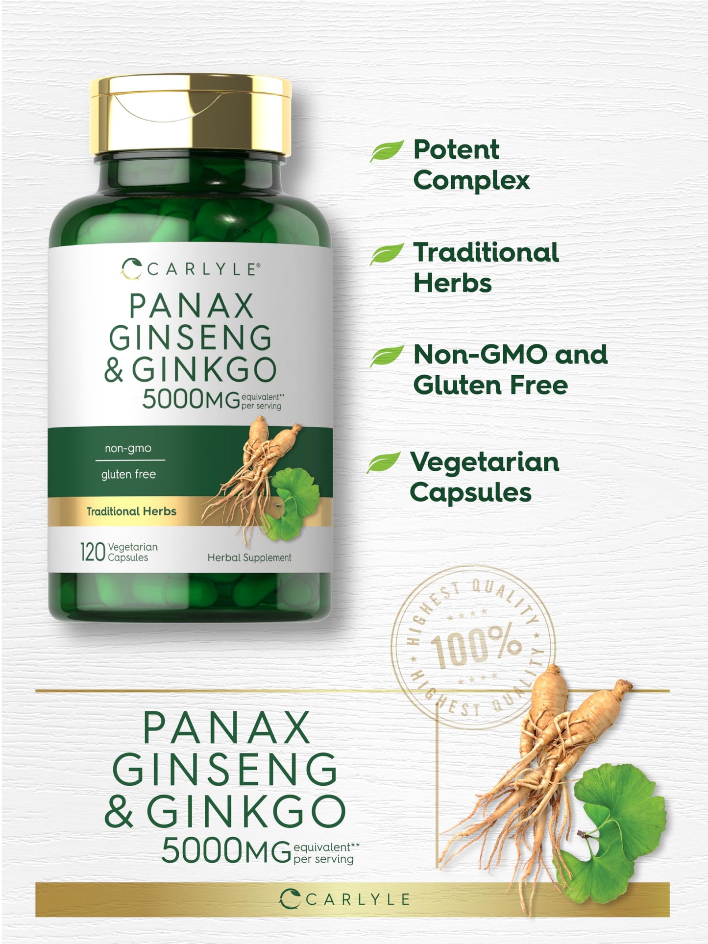 Carlyle Panax Ginseng & Ginkgo 5000mg | 120 Veg Capsules | Non-GMO & Gluten Free